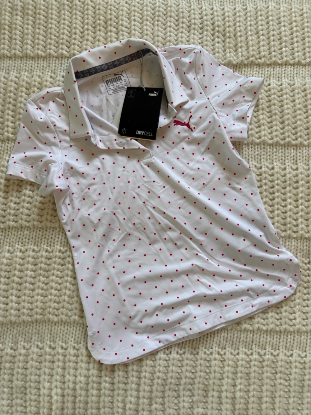 Puma White Polo with Pink Dot Print Girls Golf Polo